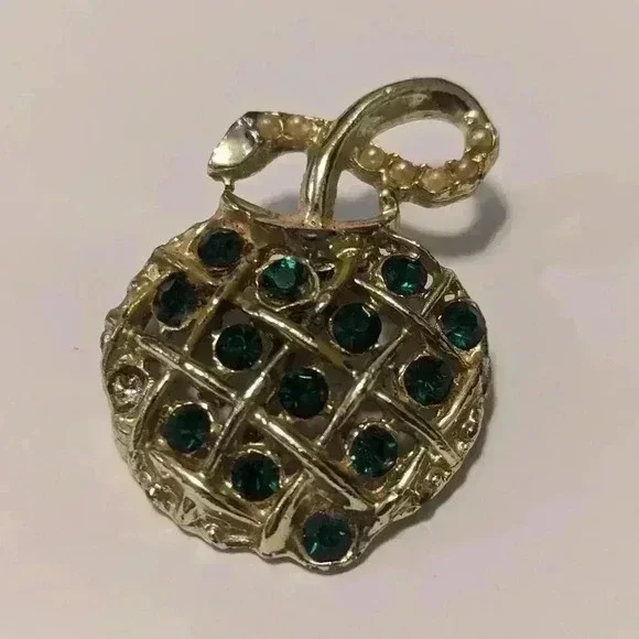 Gold Tone Green Rhinestone Apple Brooch - Picture 5 of 5